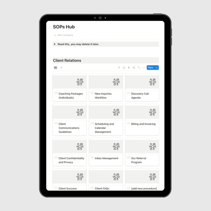 Notion-based SOPs Hub for a coaching business shown on a tablet, highlighting the Client Relations section with templates like Coaching Packages, Discovery Call Agenda, New Inquiries Workflow, Client Communications Guidelines, Billing and Invoicing, and Client Success systems.