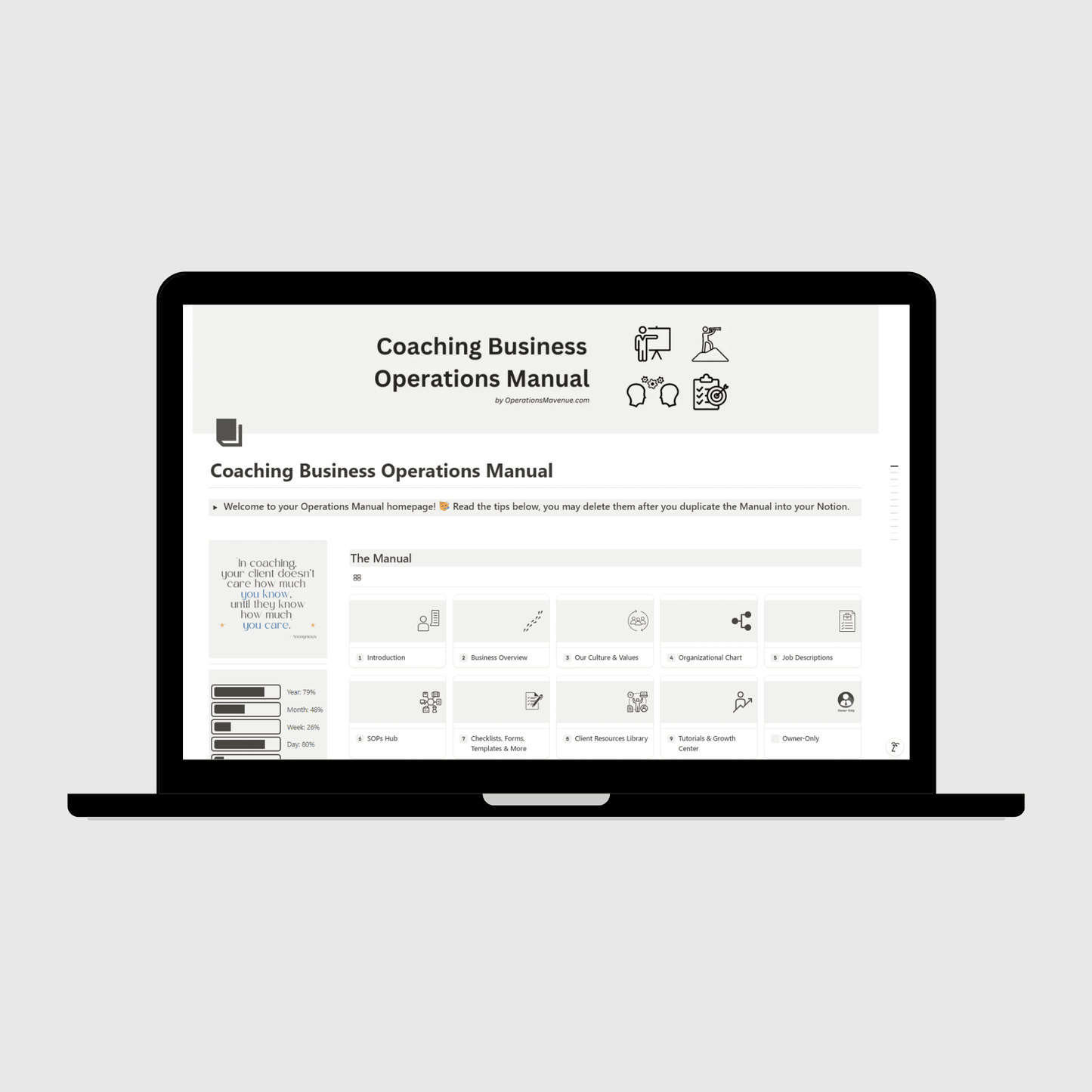 Notion Operations Manual template for coaching businesses shown on a laptop, featuring organized sections for company systems and team information, with a sidebar displaying motivational quotes and productivity progress trackers.