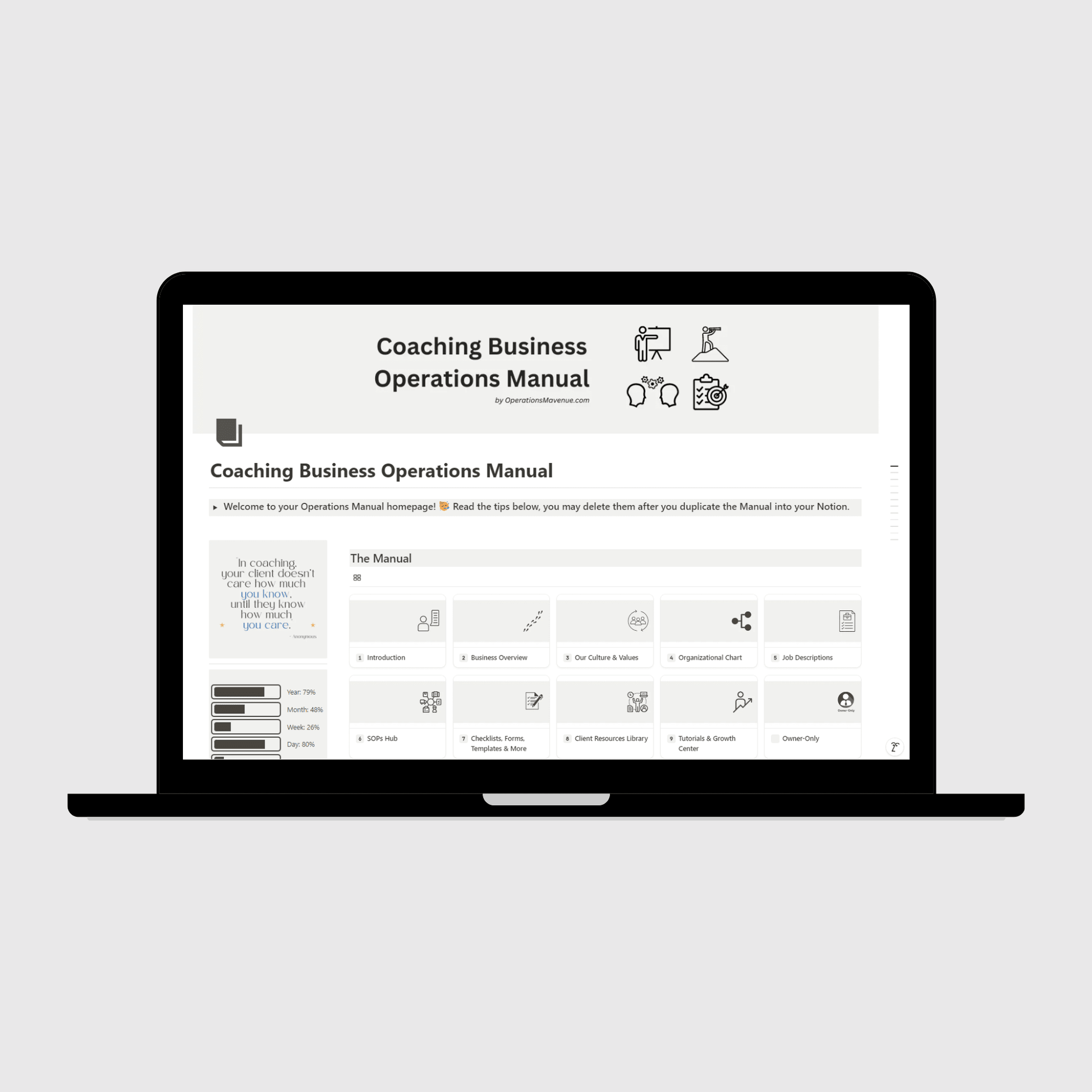 Notion Operations Manual template for coaching businesses shown on a laptop, featuring organized sections for company systems and team information, with a sidebar displaying motivational quotes and productivity progress trackers.