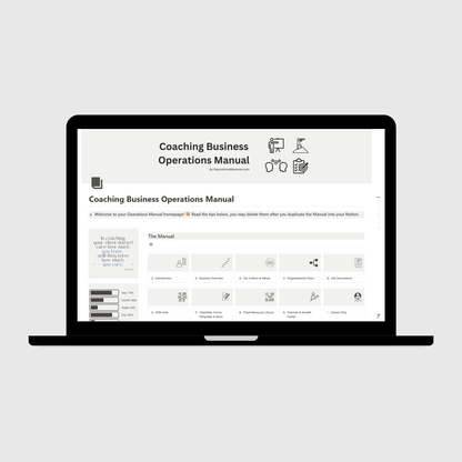 Notion Operations Manual template for coaching businesses shown on a laptop, featuring organized sections for company systems and team information, with a sidebar displaying motivational quotes and productivity progress trackers.