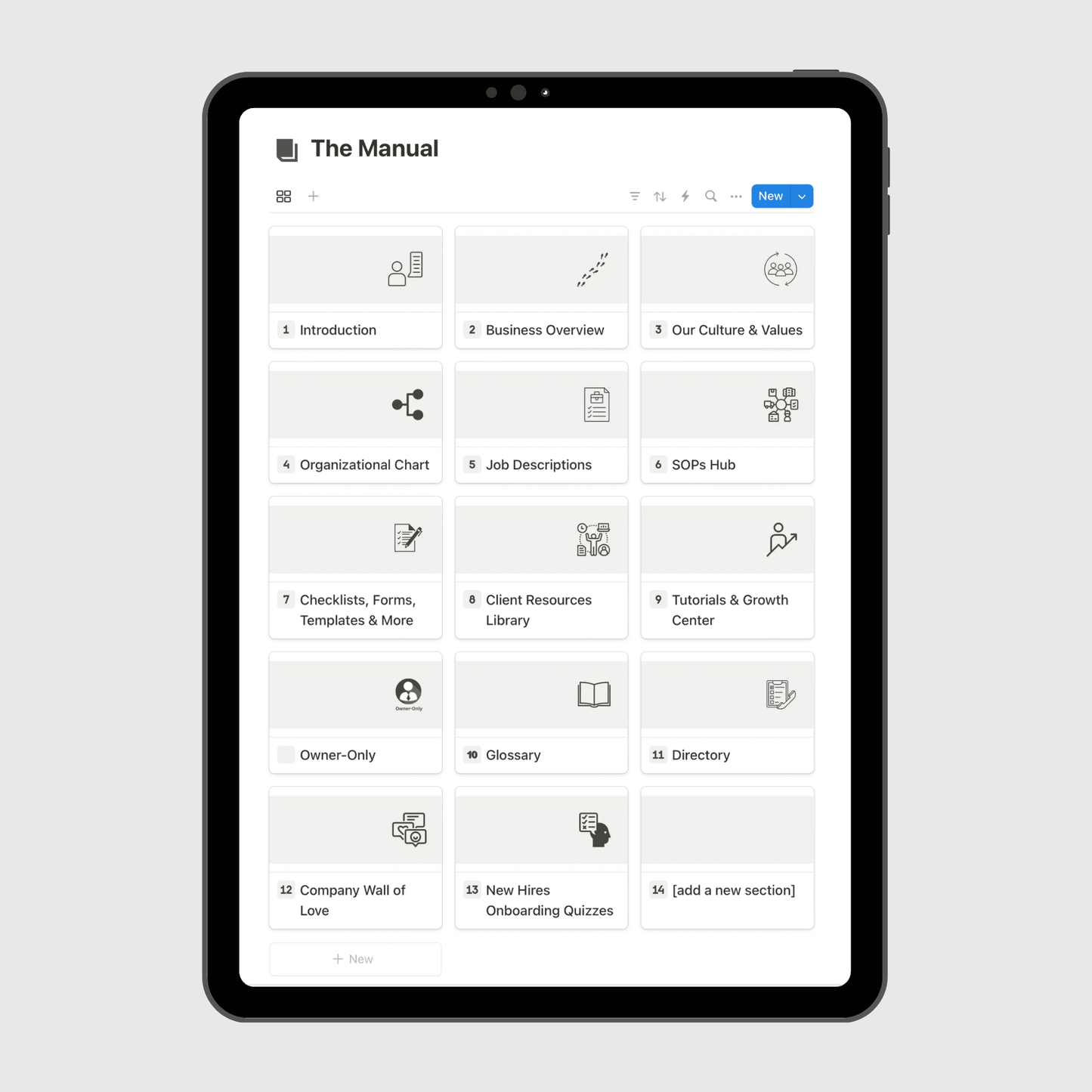 Tablet displaying “The Manual” section of a Coaching Business Operations Manual Notion template