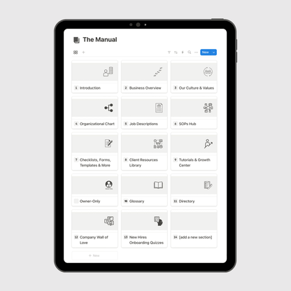 Tablet displaying “The Manual” section of a Coaching Business Operations Manual Notion template