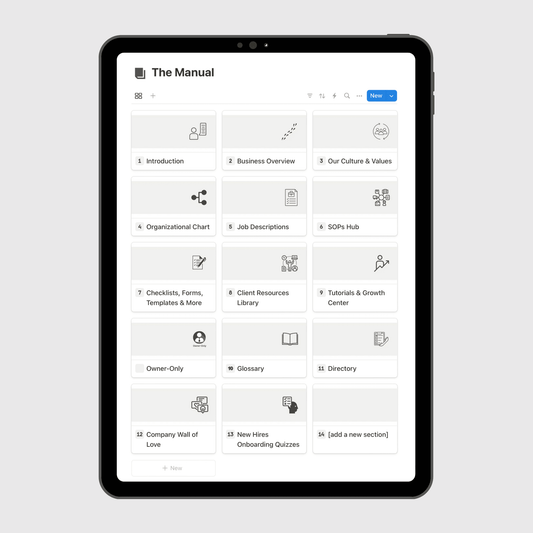 Tablet displaying “The Manual” section of a Coaching Business Operations Manual Notion template