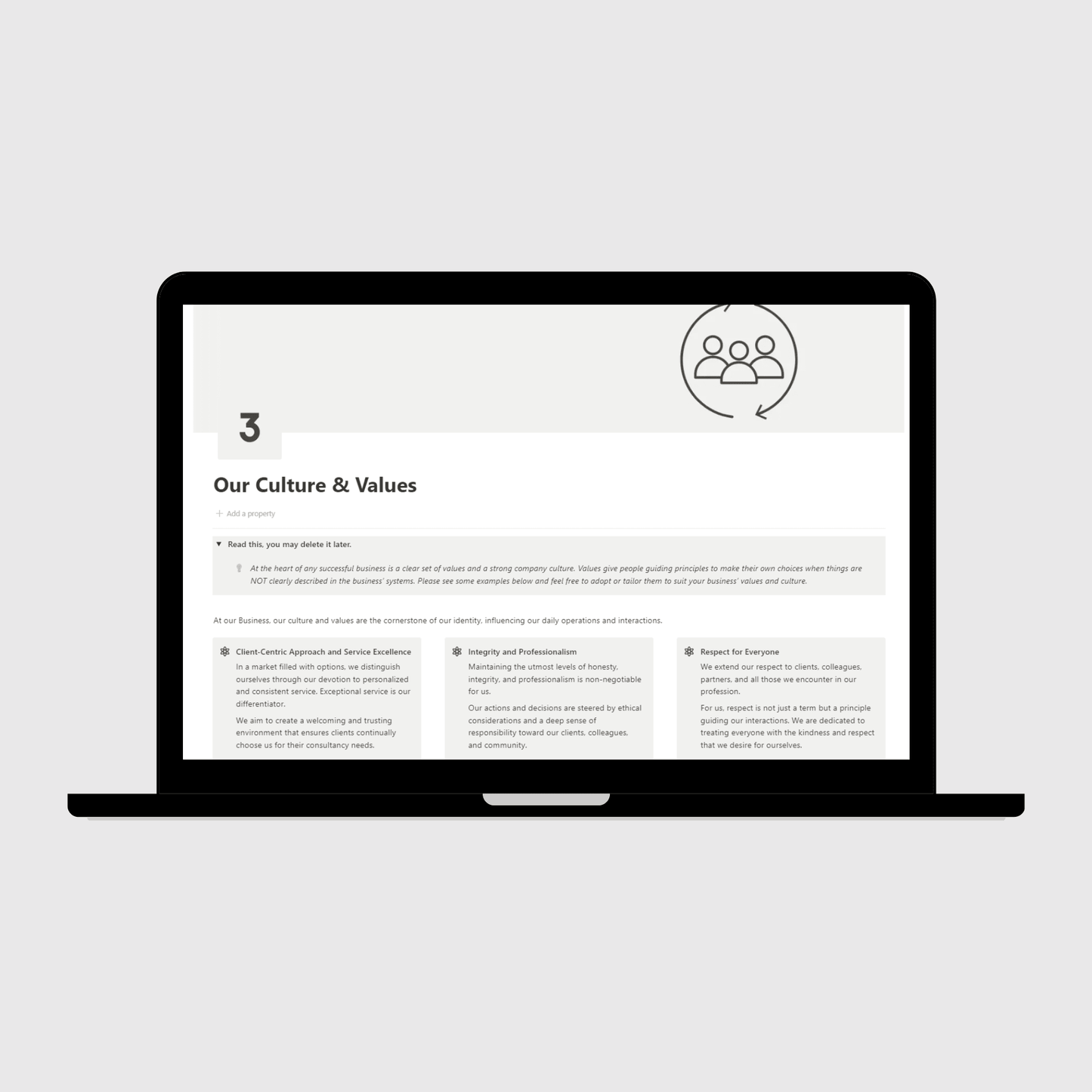 Coaching Business Operations Manual Notion template shown on a laptop, featuring the Our Culture & Values page highlighting service excellence, integrity, and respect as the foundation of company operations.