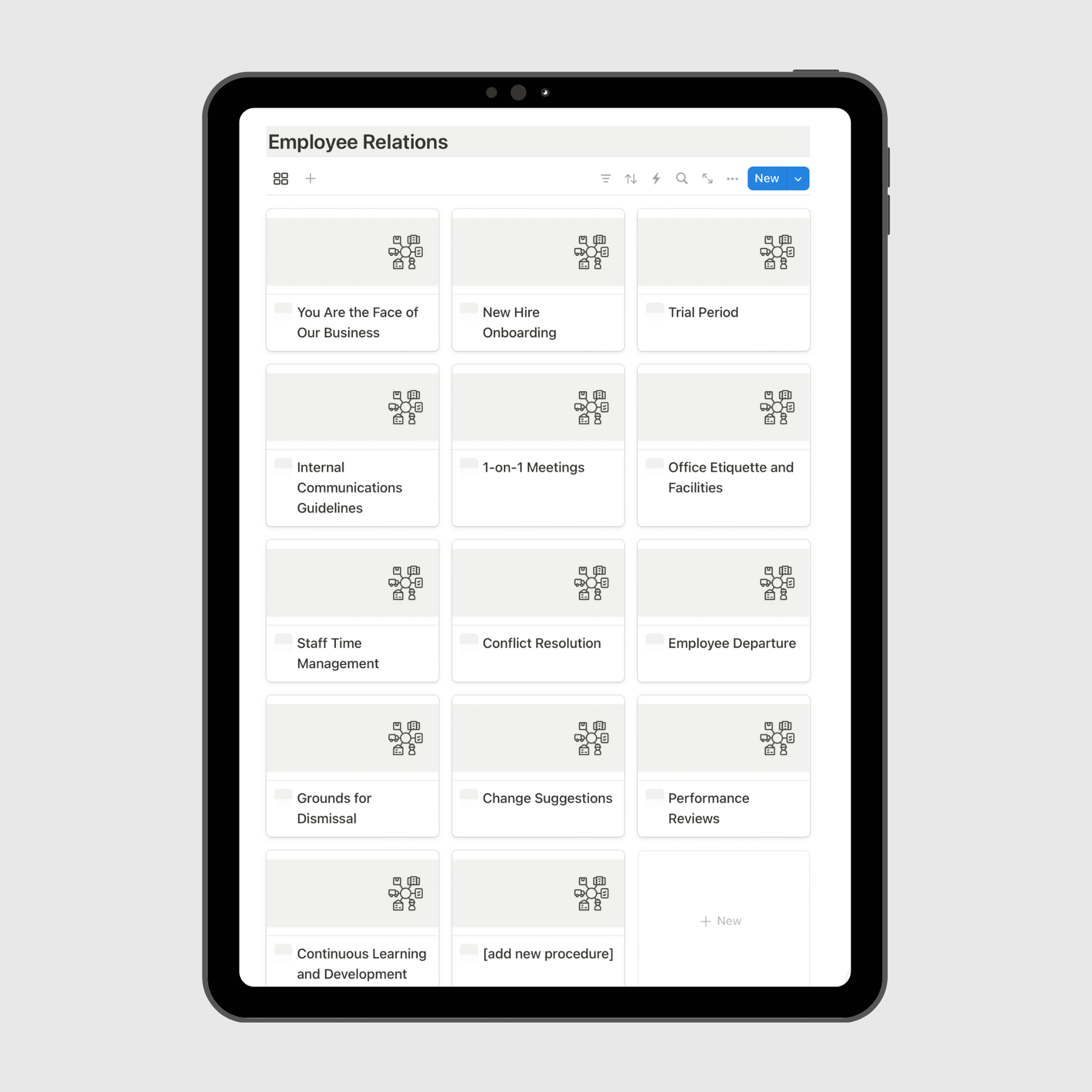 Notion Coaching Business Operations Manual template displayed on a tablet, showing the Employee Relations dashboard with policies for onboarding, communication, training, and performance management.