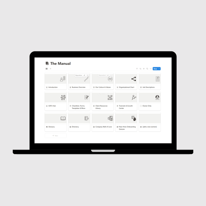 Laptop displaying “The Manual” section of a Coaching Business Operations Manual Notion template with sections for company history, culture and values, job descriptions, emergency procedures, and business systems.