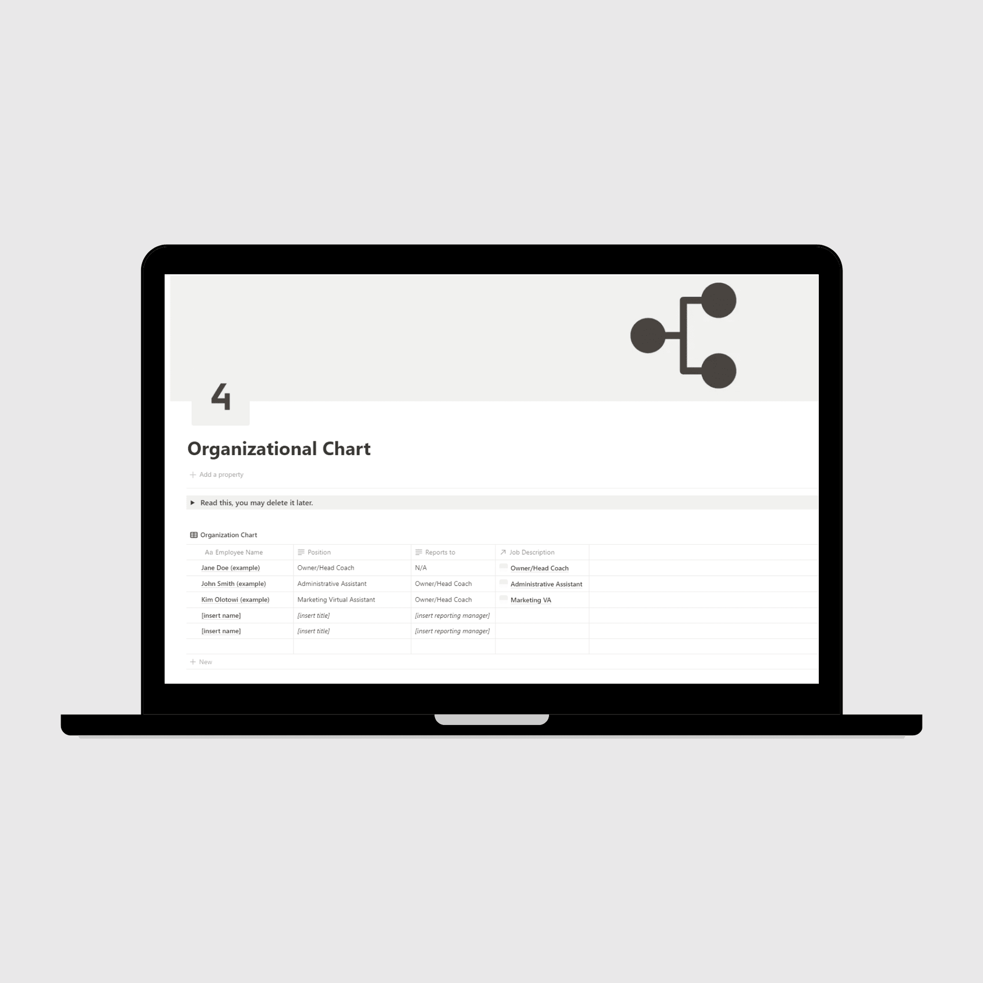 Notion Coaching Business Operations Manual template shown on a laptop, presenting an Organizational Chart layout with team structure, reporting lines, and example job titles for coaching teams.