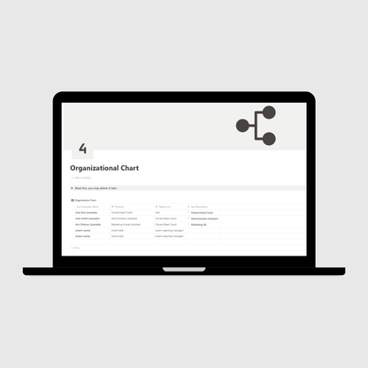 Notion Coaching Business Operations Manual template shown on a laptop, presenting an Organizational Chart layout with team structure, reporting lines, and example job titles for coaching teams.