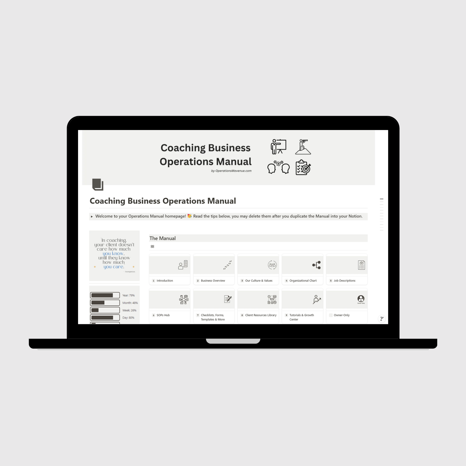 Notion Operations Manual template for coaching businesses shown on a laptop, featuring organized sections for company systems and team information, with a sidebar displaying motivational quotes and productivity progress trackers.