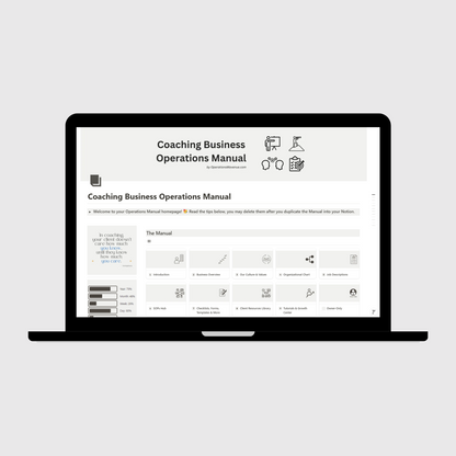 Notion Operations Manual template for coaching businesses shown on a laptop, featuring organized sections for company systems and team information, with a sidebar displaying motivational quotes and productivity progress trackers.