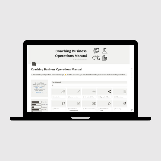 Notion Operations Manual template for coaching businesses shown on a laptop, featuring organized sections for company systems and team information, with a sidebar displaying motivational quotes and productivity progress trackers.