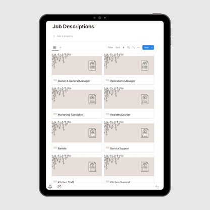 Tablet screen displaying the “Job Descriptions” section of a Notion Operations Manual template, featuring organized role cards for Owner, General Manager, Marketing & PR Manager, Finance Manager, Front-of-House Manager, and Back-of-House Manager.