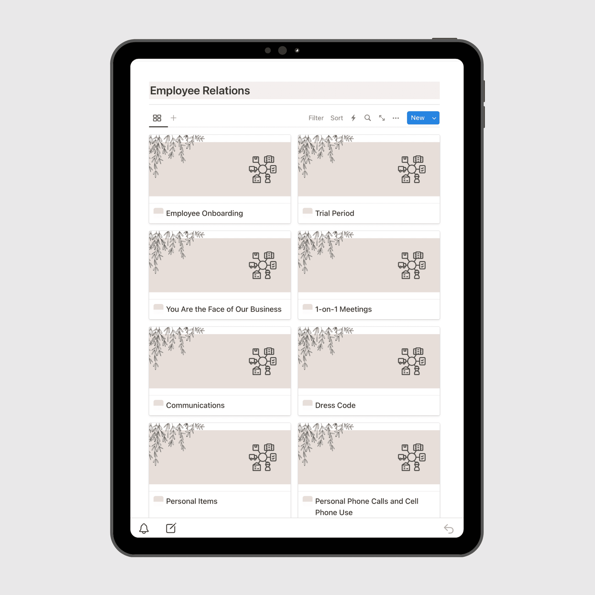 Tablet screen displaying the “Employee Relations” section of a Notion Operations Manual template, featuring organized pages for onboarding, trial periods, communications, dress code, and staff meeting guidelines.