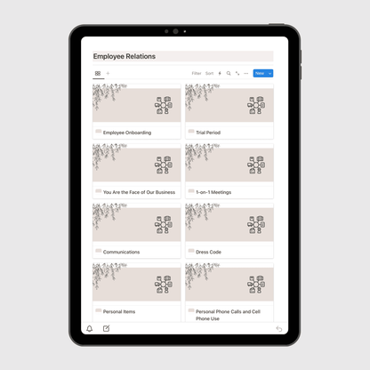 Tablet screen displaying the “Employee Relations” section of a Notion Operations Manual template, featuring organized pages for onboarding, trial periods, communications, dress code, and staff meeting guidelines.