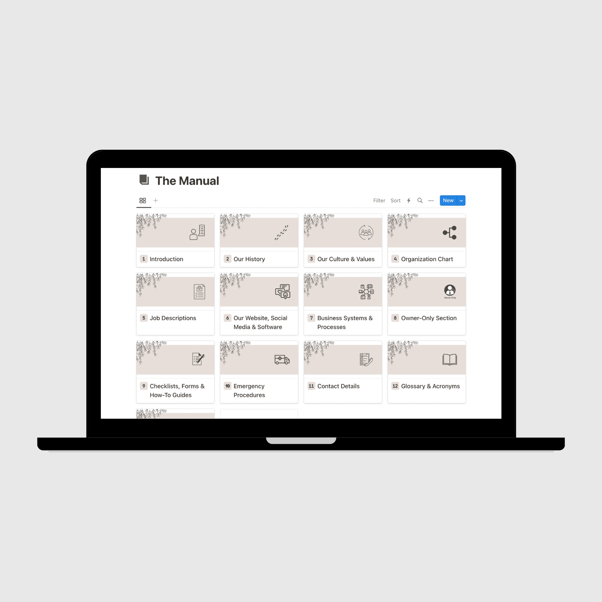 Tablet displaying “The Manual” section of a Small Business Operations Manual Notion template with sections for company history, culture and values, job descriptions, emergency procedures, and business systems.
