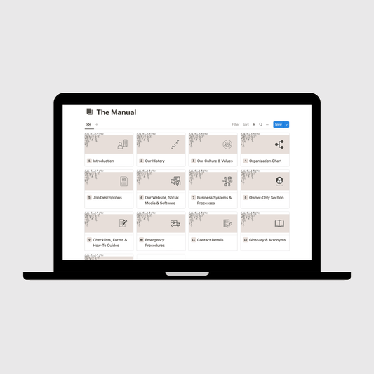 Tablet displaying “The Manual” section of a Small Business Operations Manual Notion template with sections for company history, culture and values, job descriptions, emergency procedures, and business systems.
