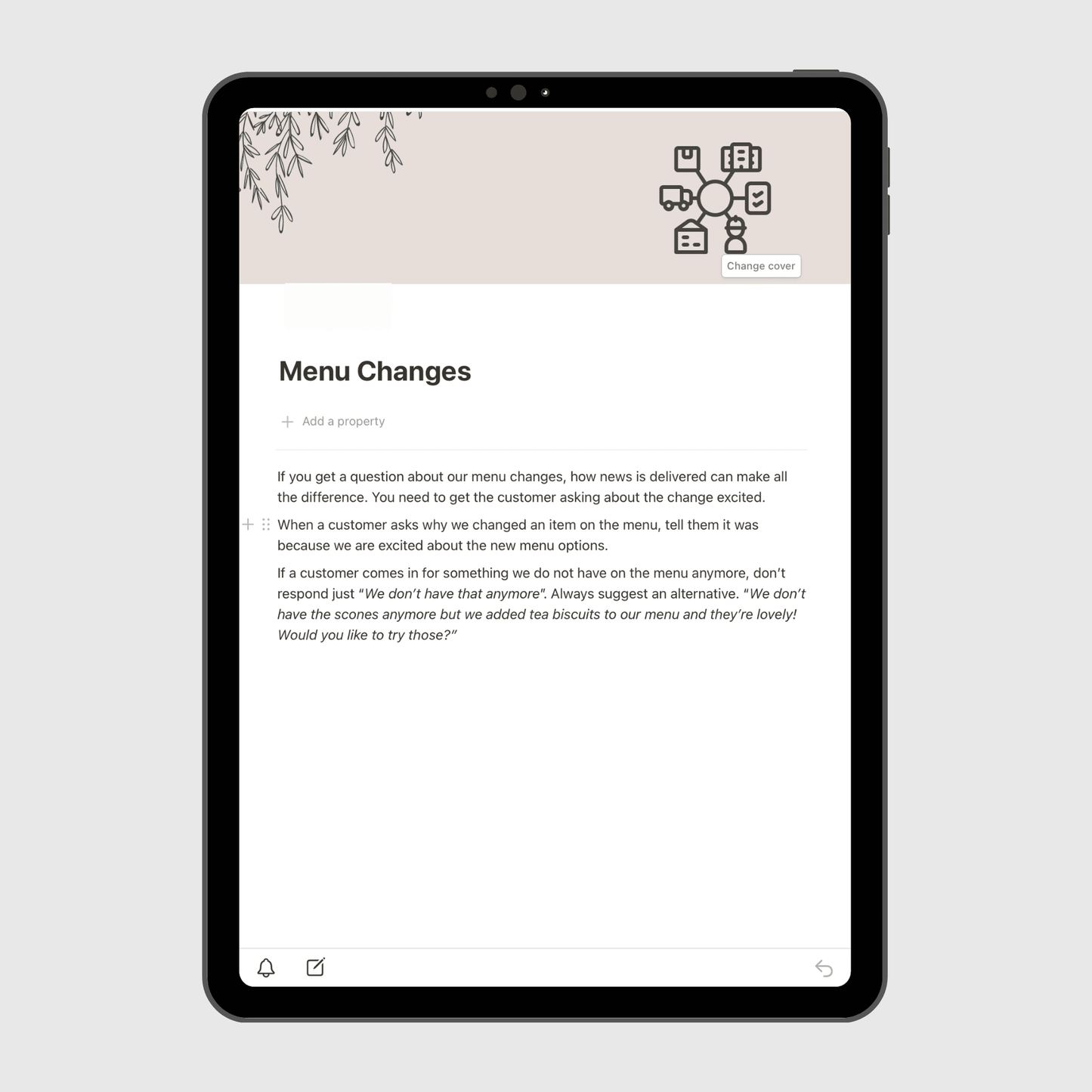 Tablet screen displaying the “Menu Changes” page of a Notion Operations Manual template, providing communication guidelines for staff on how to discuss menu updates and suggest alternatives to customers.