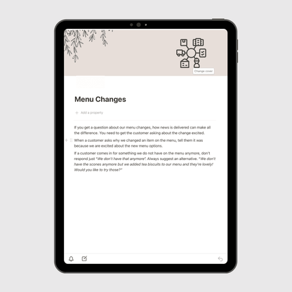 Tablet screen displaying the “Menu Changes” page of a Notion Operations Manual template, providing communication guidelines for staff on how to discuss menu updates and suggest alternatives to customers.