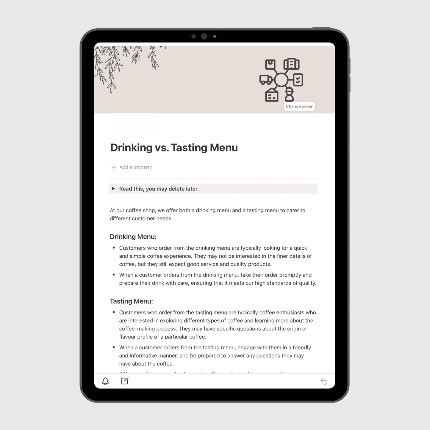 Tablet screen displaying the “Drinking vs. Tasting Menu” page of a Notion Operations Manual template, explaining service standards for customers choosing between a standard coffee menu and a tasting experience.