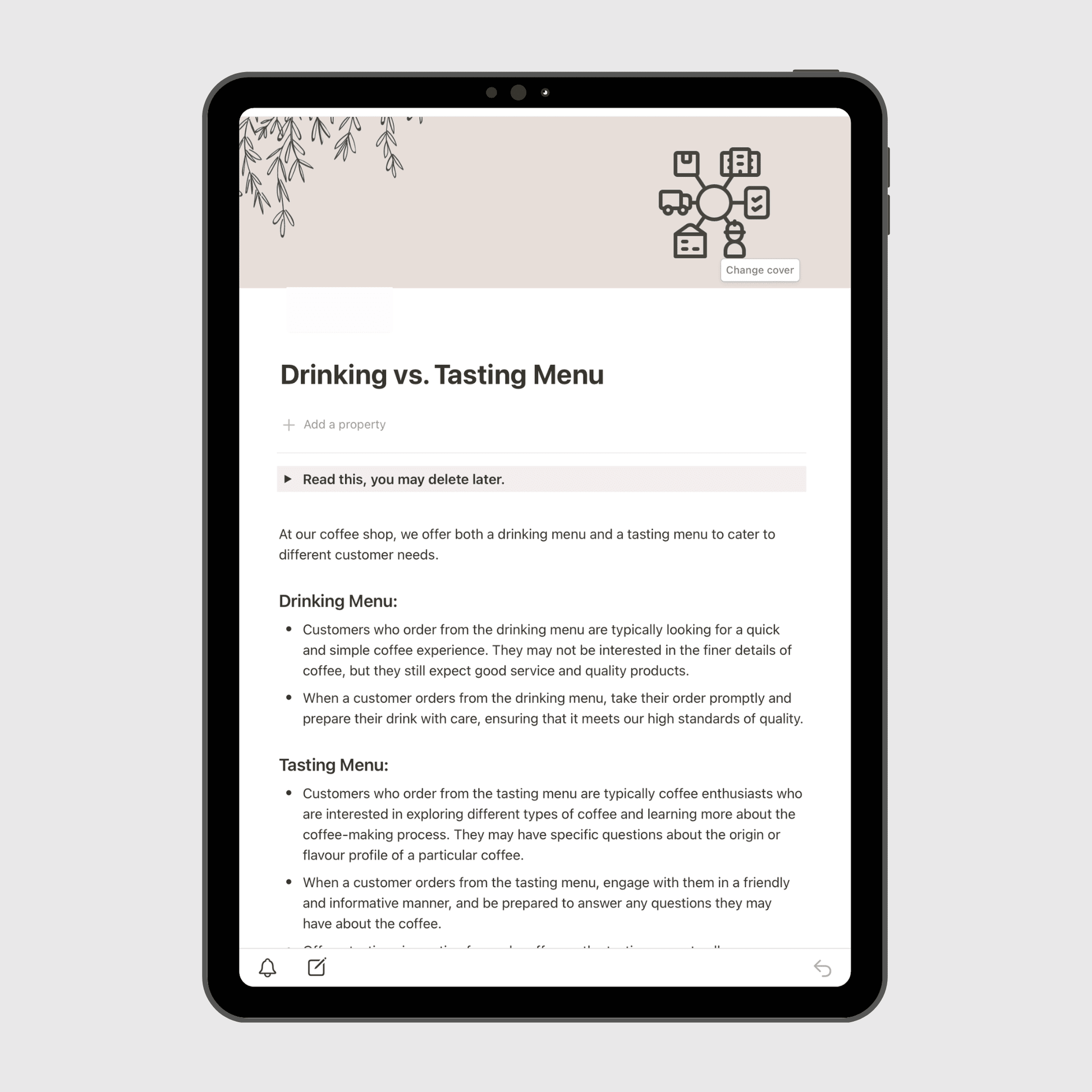 Tablet screen displaying the “Drinking vs. Tasting Menu” page of a Notion Operations Manual template, explaining service standards for customers choosing between a standard coffee menu and a tasting experience.