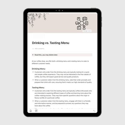 Tablet screen displaying the “Drinking vs. Tasting Menu” page of a Notion Operations Manual template, explaining service standards for customers choosing between a standard coffee menu and a tasting experience.