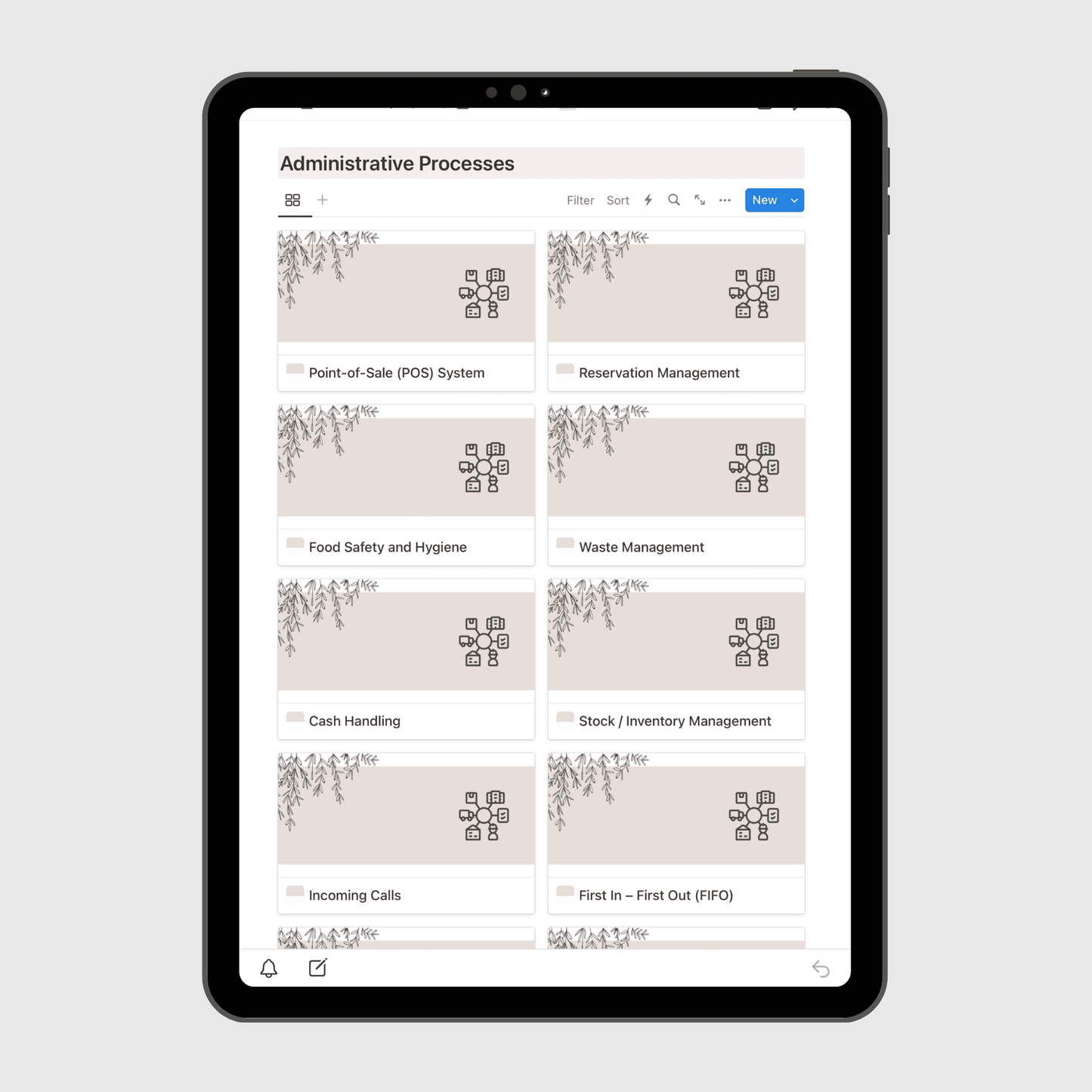 Tablet screen displaying the “Administrative Processes” section of a Notion Operations Manual template, featuring organized sections for POS system use, reservation management, food safety, waste management, and inventory control.
