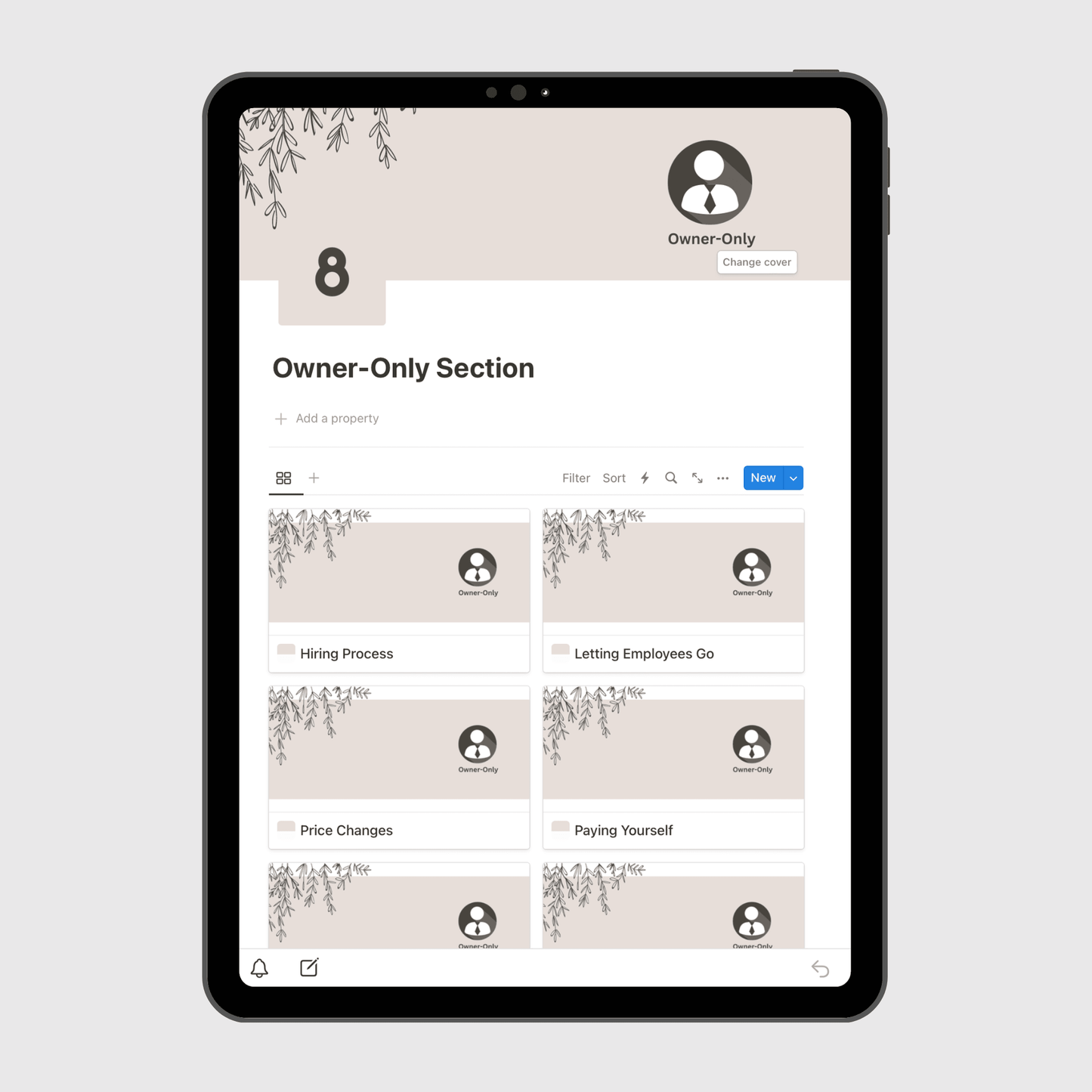 Tablet screen displaying the “Owner-Only Section” of a Notion Operations Manual template, featuring private business management pages for hiring, letting employees go, price changes, and owner compensation.