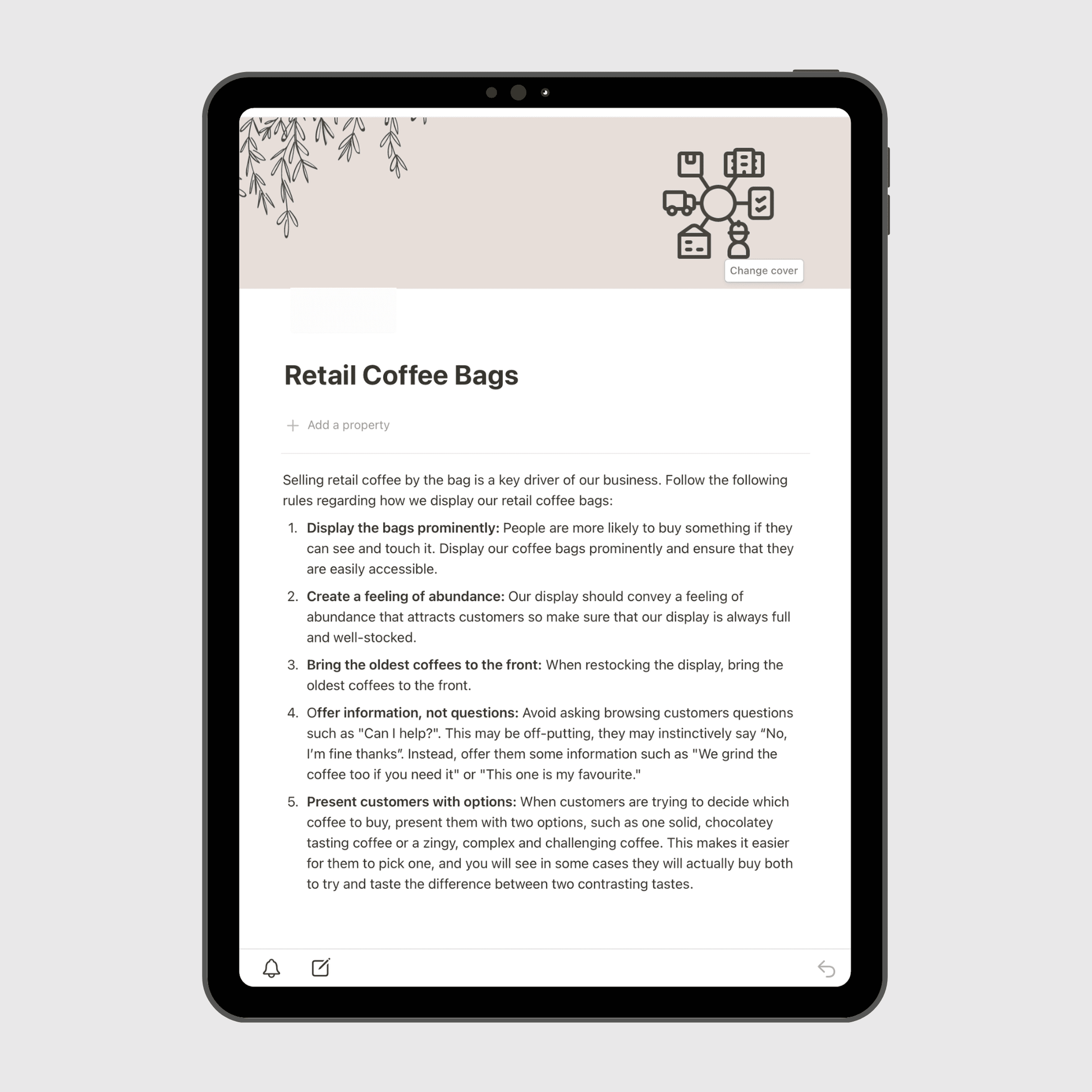 Tablet screen displaying the “Retail Coffee Bags” section of a Notion Operations Manual template, providing merchandising guidelines for displaying, promoting, and selling coffee bags in-store.
