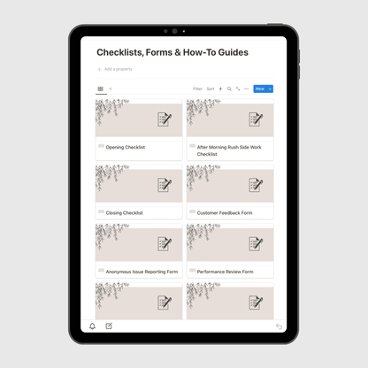 Tablet displaying a Notion template page titled “Checklists, Forms & How-To Guides” for restaurant operations, featuring editable cards for opening checklist, customer feedback form, and employee performance review checklist.