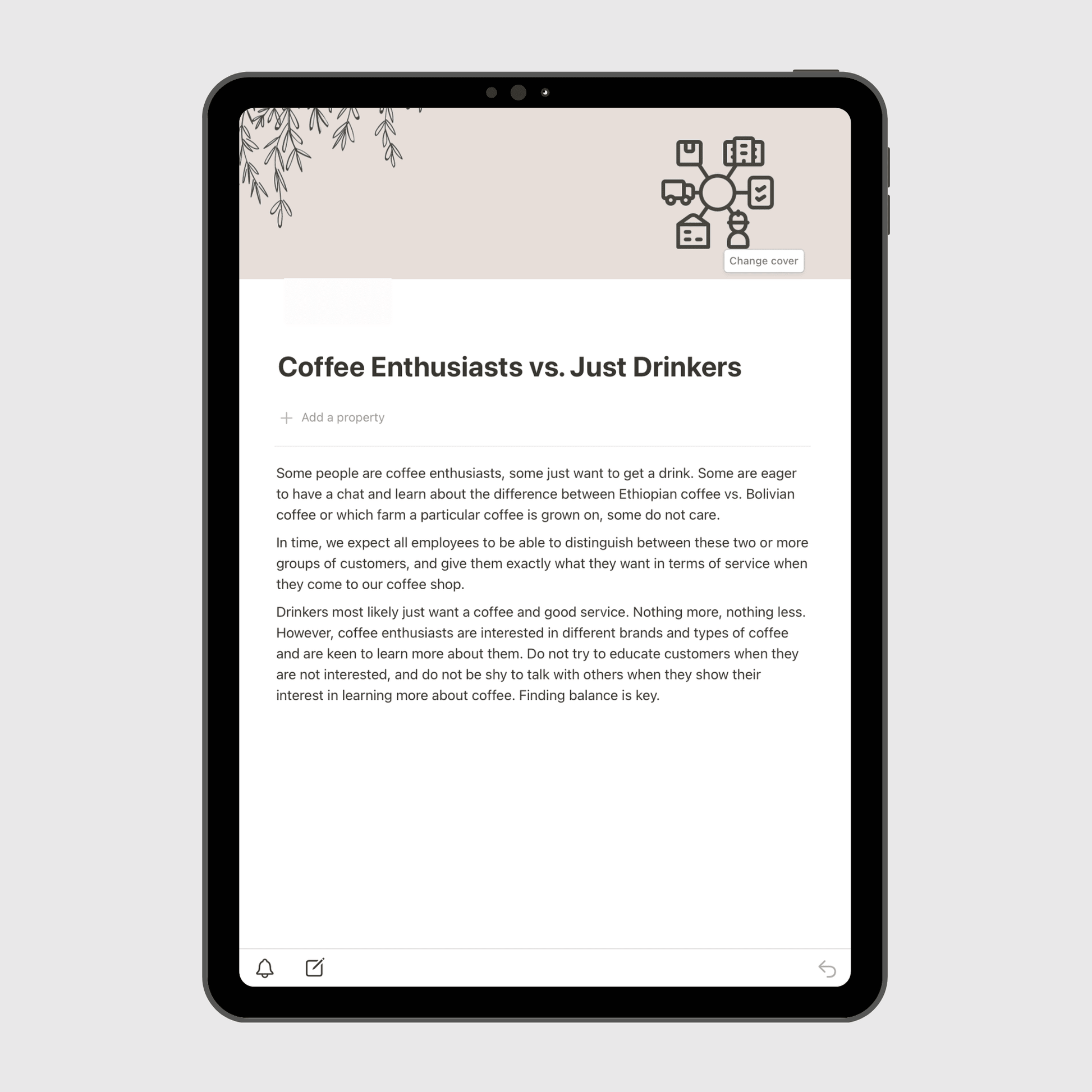 Notion Operations Manual template shown on a tablet, featuring the Coffee Enthusiasts vs. Just Drinkers section with customer insight tips to help teams personalize service for coffee lovers and casual drinkers.