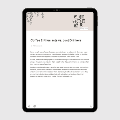 Notion Operations Manual template shown on a tablet, featuring the Coffee Enthusiasts vs. Just Drinkers section with customer insight tips to help teams personalize service for coffee lovers and casual drinkers.