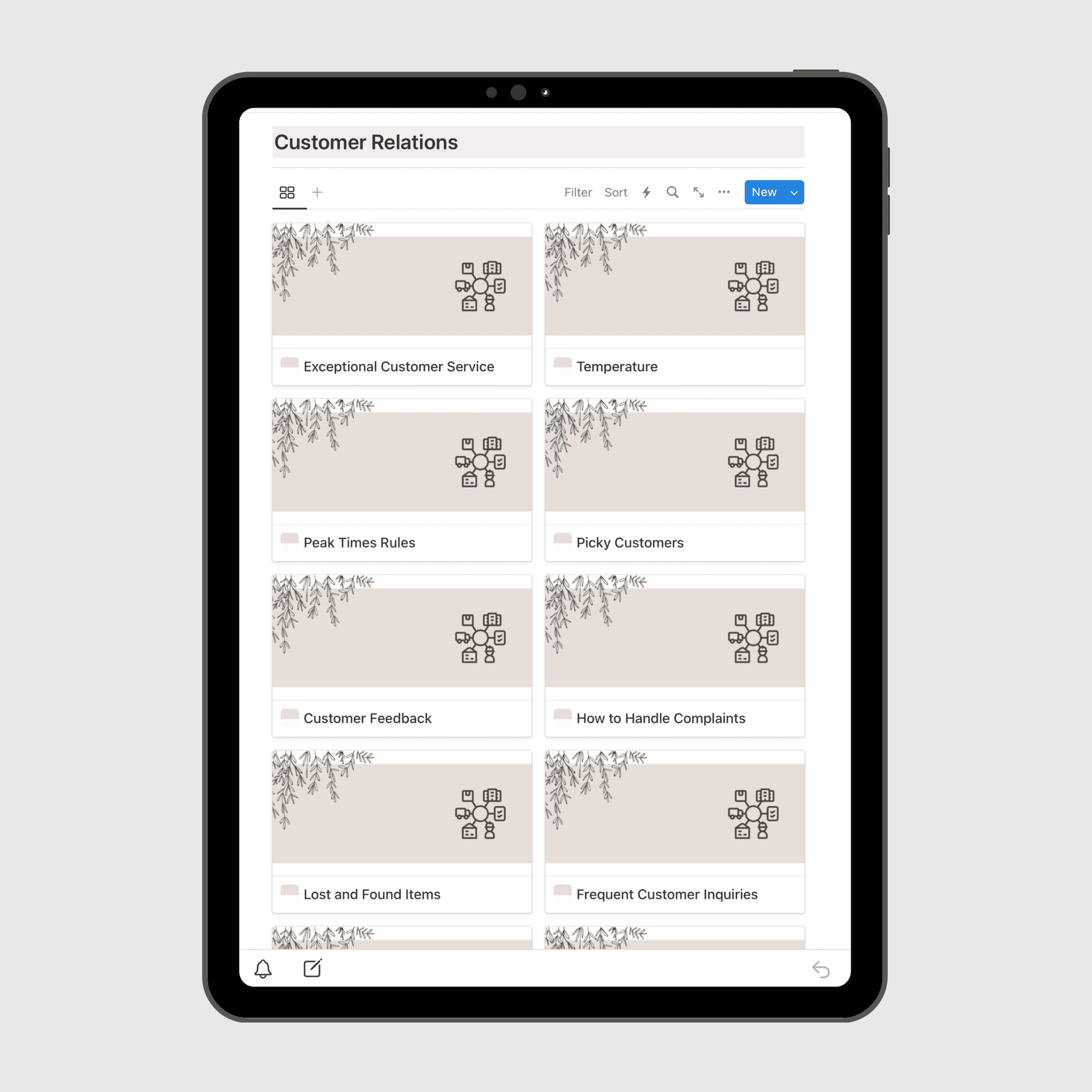 Tablet screen displaying the “Customer Relations” section of a Notion Operations Manual template, featuring organized pages on customer service topics such as handling complaints, feedback, peak time rules, and lost and found items.