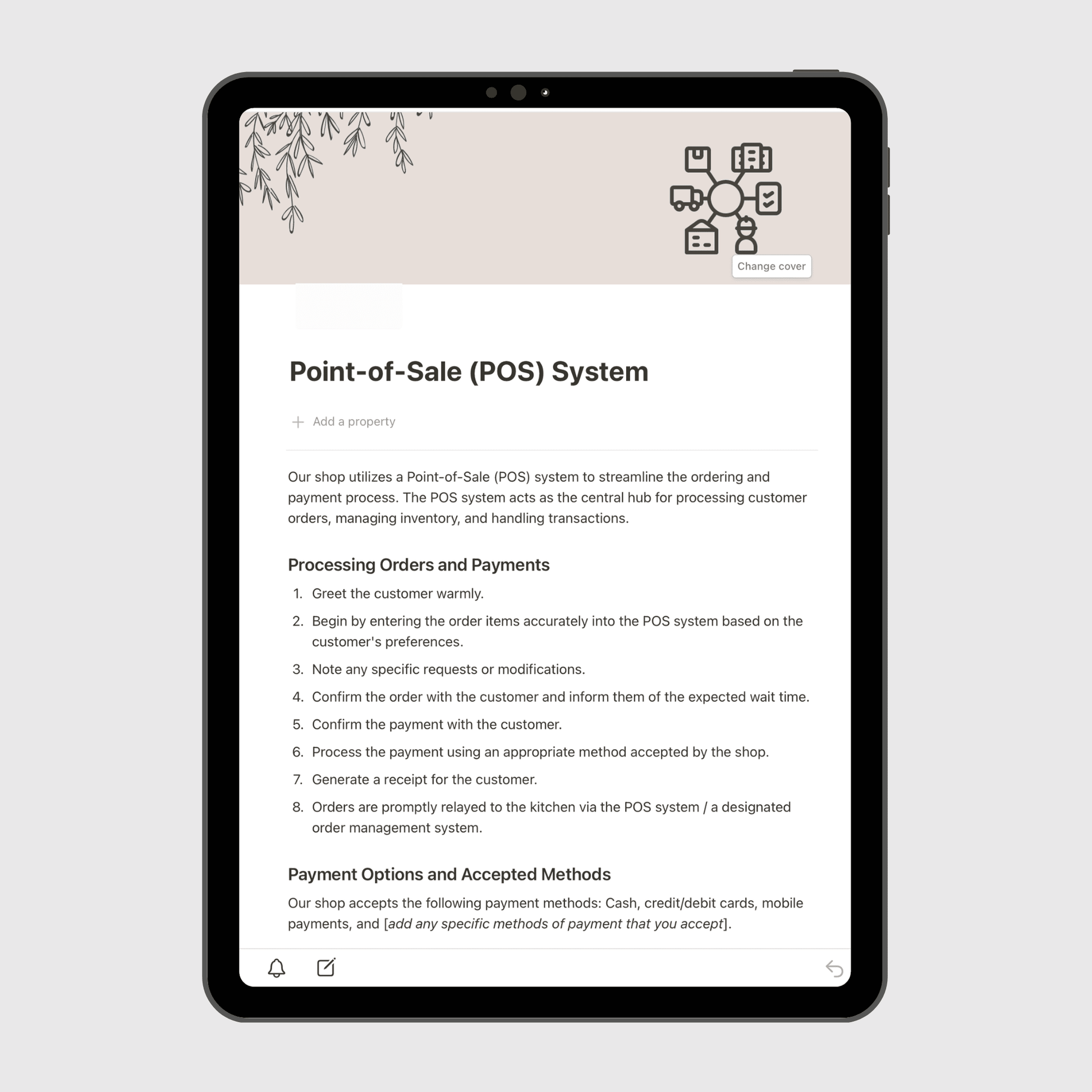Tablet screen displaying the “Point-of-Sale (POS) System” section of a Notion Operations Manual template, outlining step-by-step procedures for processing orders, managing payments, and maintaining transaction accuracy.