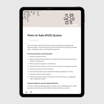 Tablet screen displaying the “Point-of-Sale (POS) System” section of a Notion Operations Manual template, outlining step-by-step procedures for processing orders, managing payments, and maintaining transaction accuracy.