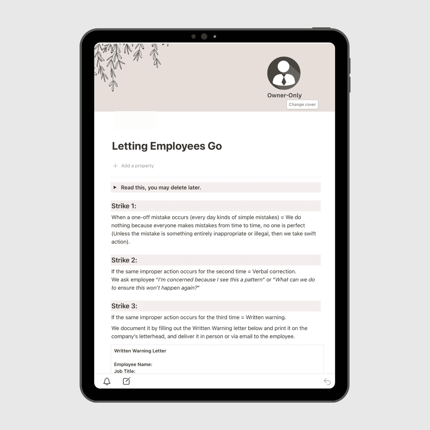 Tablet screen displaying the “Letting Employees Go” page of a Notion Operations Manual template, outlining a structured three-strike policy for employee discipline and termination with written warning procedures.