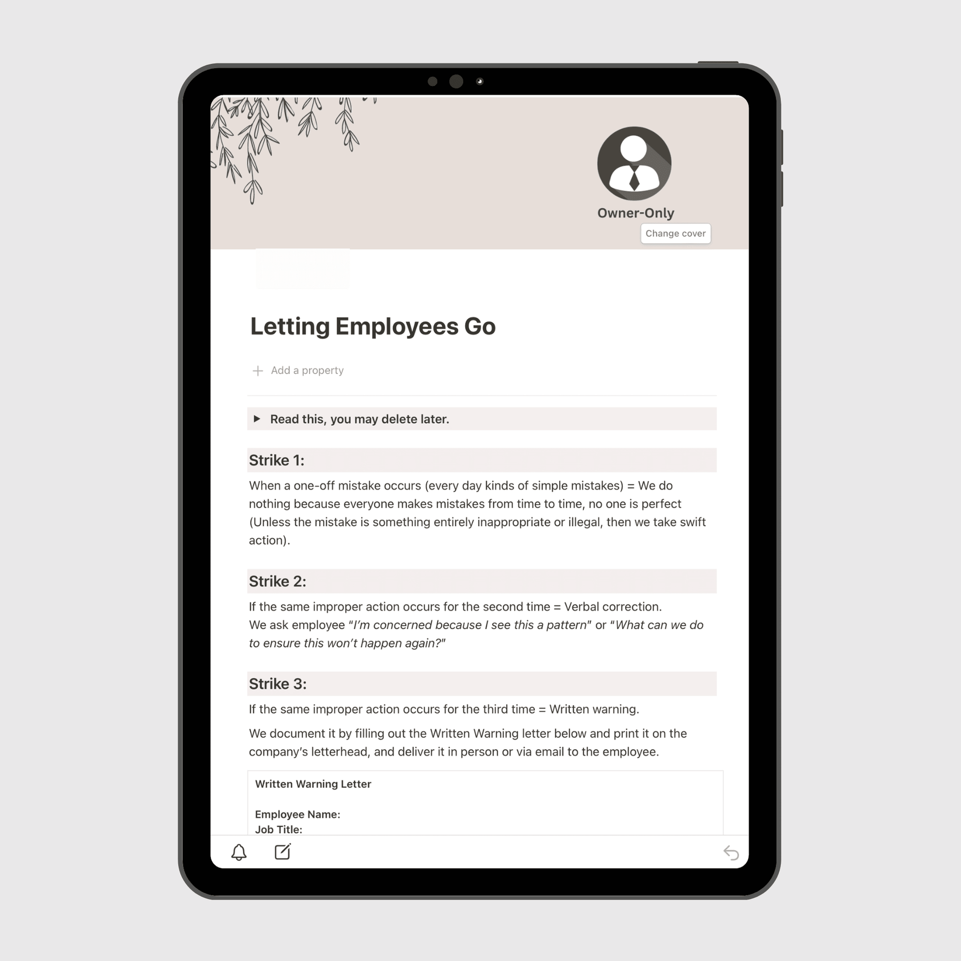 Tablet screen displaying the “Letting Employees Go” page of a Notion Operations Manual template, outlining a structured three-strike policy for employee discipline and termination with written warning procedures.