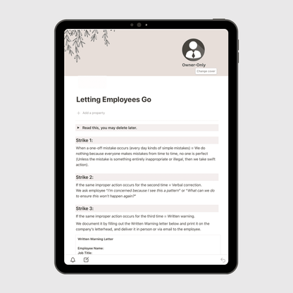 Tablet screen displaying the “Letting Employees Go” page of a Notion Operations Manual template, outlining a structured three-strike policy for employee discipline and termination with written warning procedures.