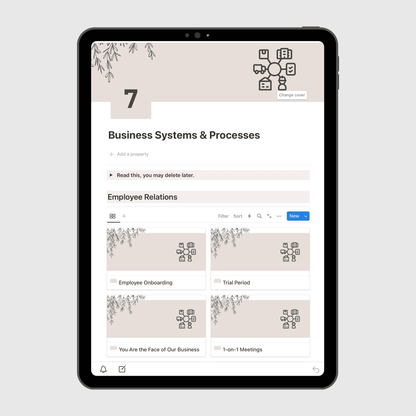 Notion Operations Manual template shown on a laptop, featuring the Business Systems & Processes section with organized employee relations templates for onboarding, meetings, communications, and pay management in small businesses.
