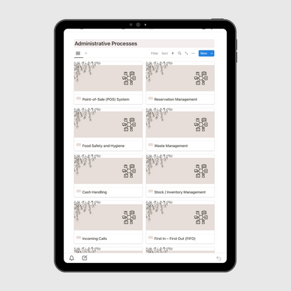 Tablet screen displaying the “Administrative Processes” section of a Notion Operations Manual template, featuring organized sections for POS system use, reservation management, food safety, waste management, and inventory control.