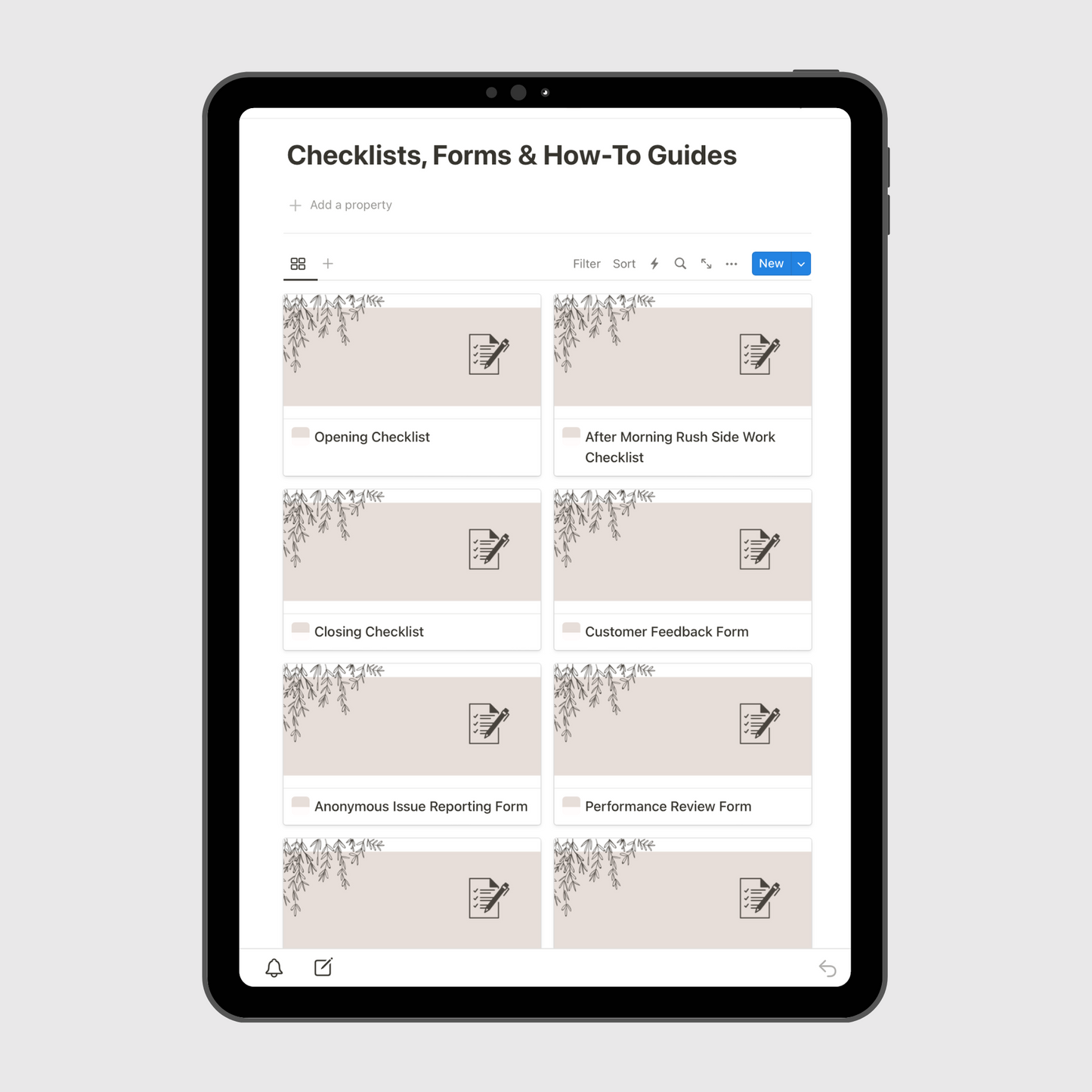 Tablet displaying a Notion template page titled “Checklists, Forms & How-To Guides” for restaurant operations, featuring editable cards for opening checklist, customer feedback form, and employee performance review checklist.