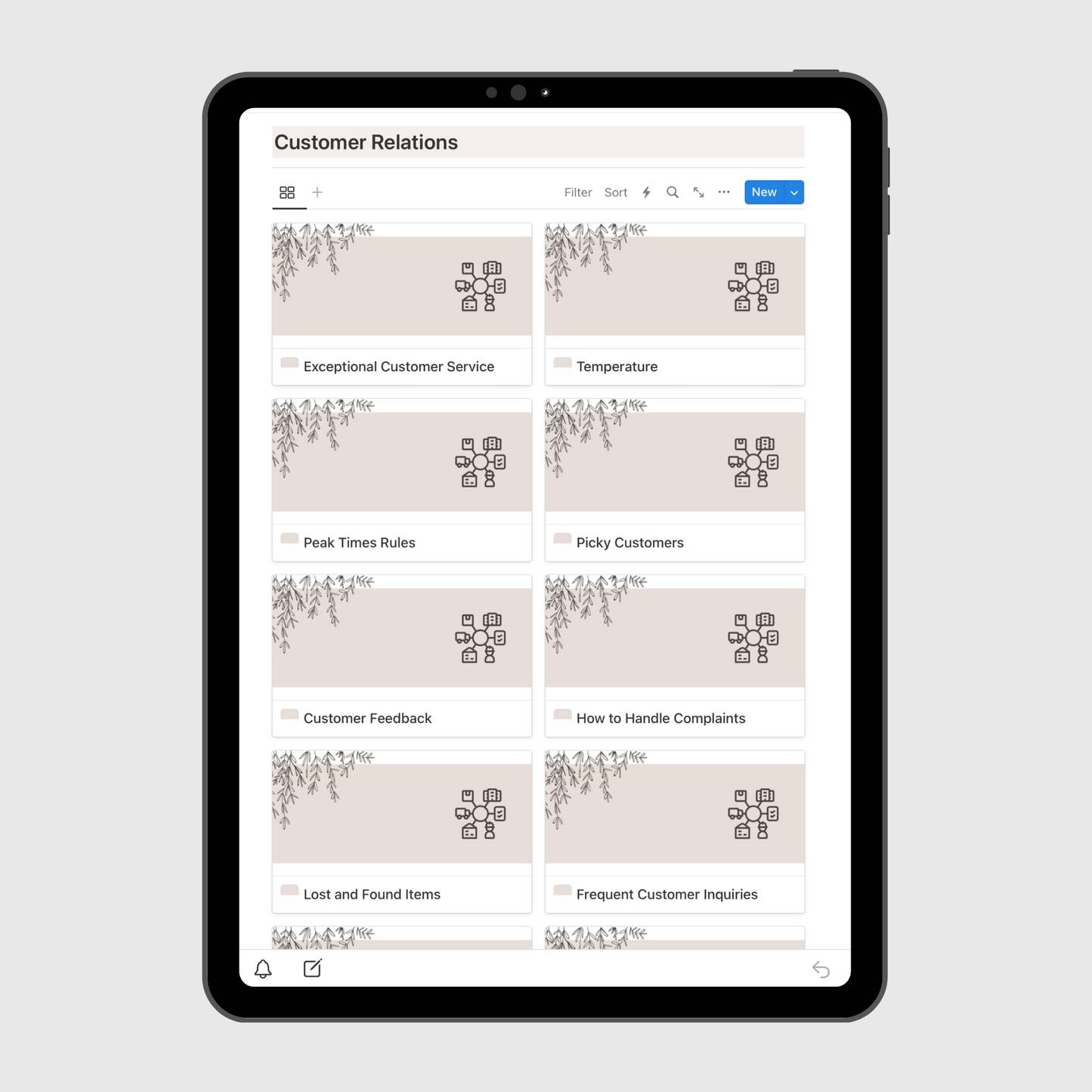 Tablet screen displaying the “Customer Relations” section of a Notion Operations Manual template, featuring organized pages on customer service topics such as handling complaints, feedback, peak time rules, and lost and found items.