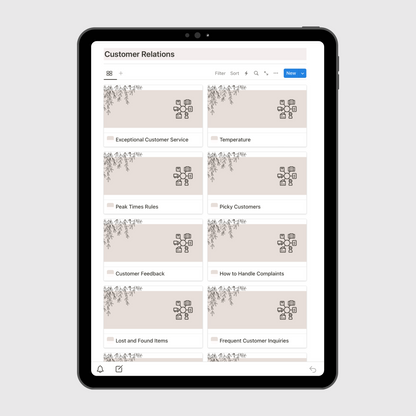 Tablet screen displaying the “Customer Relations” section of a Notion Operations Manual template, featuring organized pages on customer service topics such as handling complaints, feedback, peak time rules, and lost and found items.