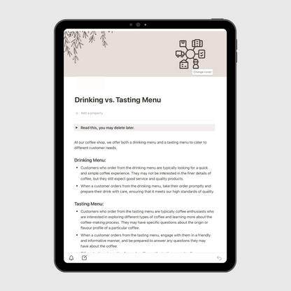 Tablet screen displaying the “Drinking vs. Tasting Menu” page of a Notion Operations Manual template, explaining service standards for customers choosing between a standard coffee menu and a tasting experience.