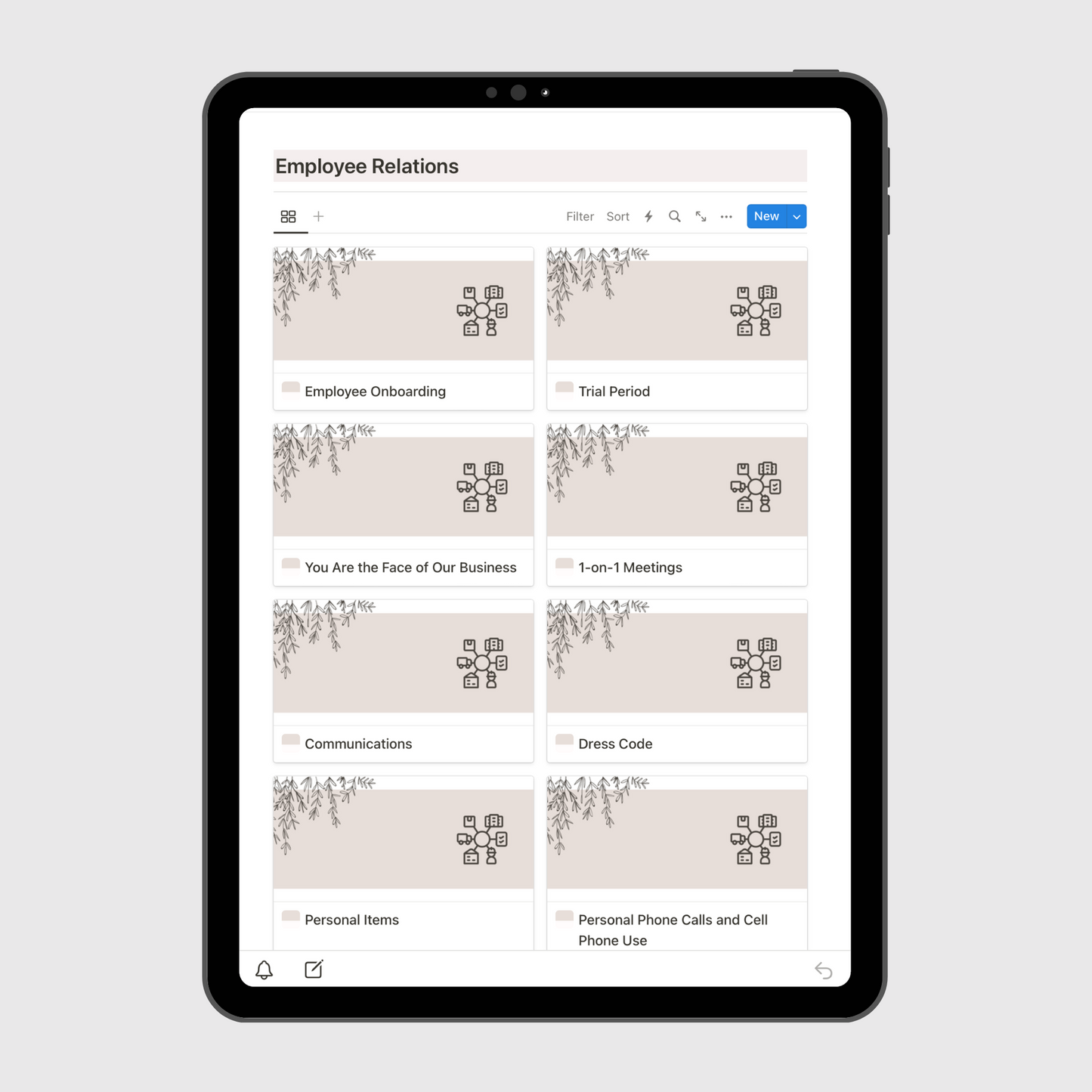 Tablet screen displaying the “Employee Relations” section of a Notion Operations Manual template, featuring organized pages for onboarding, trial periods, communications, dress code, and staff meeting guidelines.