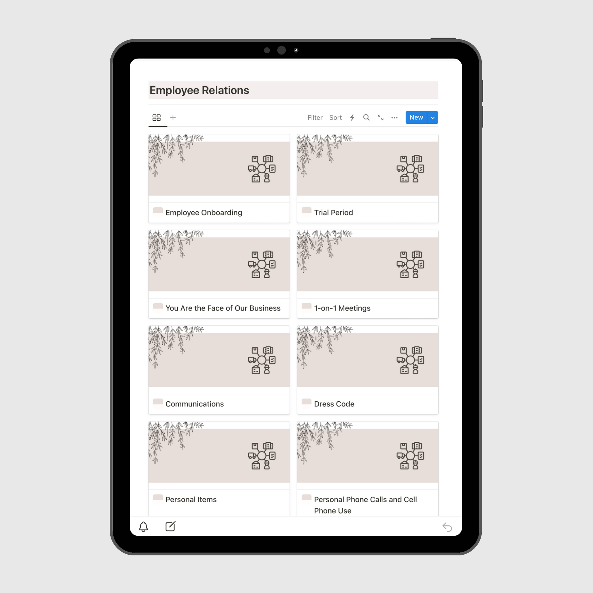 Tablet screen displaying the “Employee Relations” section of a Notion Operations Manual template, featuring organized pages for onboarding, trial periods, communications, dress code, and staff meeting guidelines.