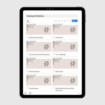Tablet screen displaying the “Employee Relations” section of a Notion Operations Manual template, featuring organized pages for onboarding, trial periods, communications, dress code, and staff meeting guidelines.