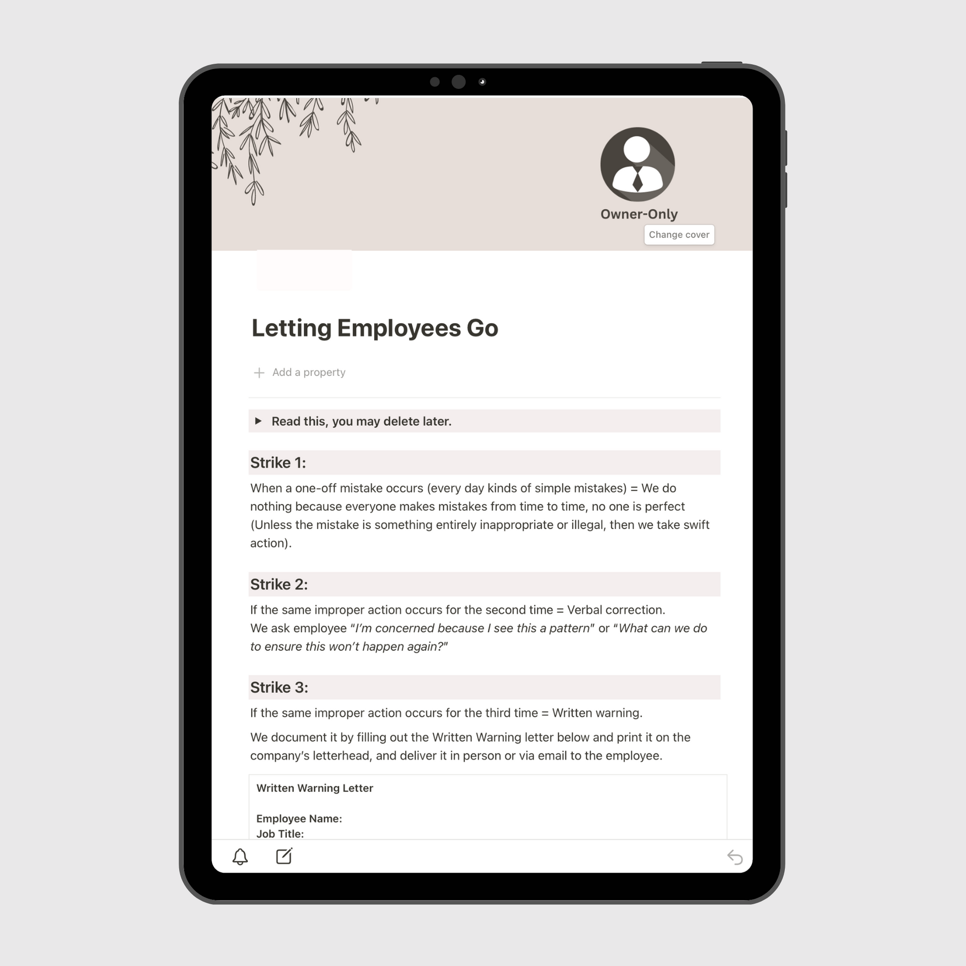 Tablet screen displaying the “Letting Employees Go” page of a Notion Operations Manual template, outlining a structured three-strike policy for employee discipline and termination with written warning procedures.