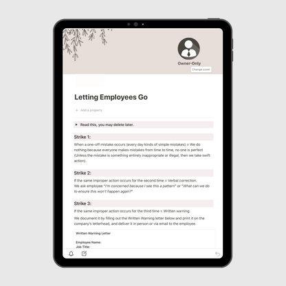 Tablet screen displaying the “Letting Employees Go” page of a Notion Operations Manual template, outlining a structured three-strike policy for employee discipline and termination with written warning procedures.