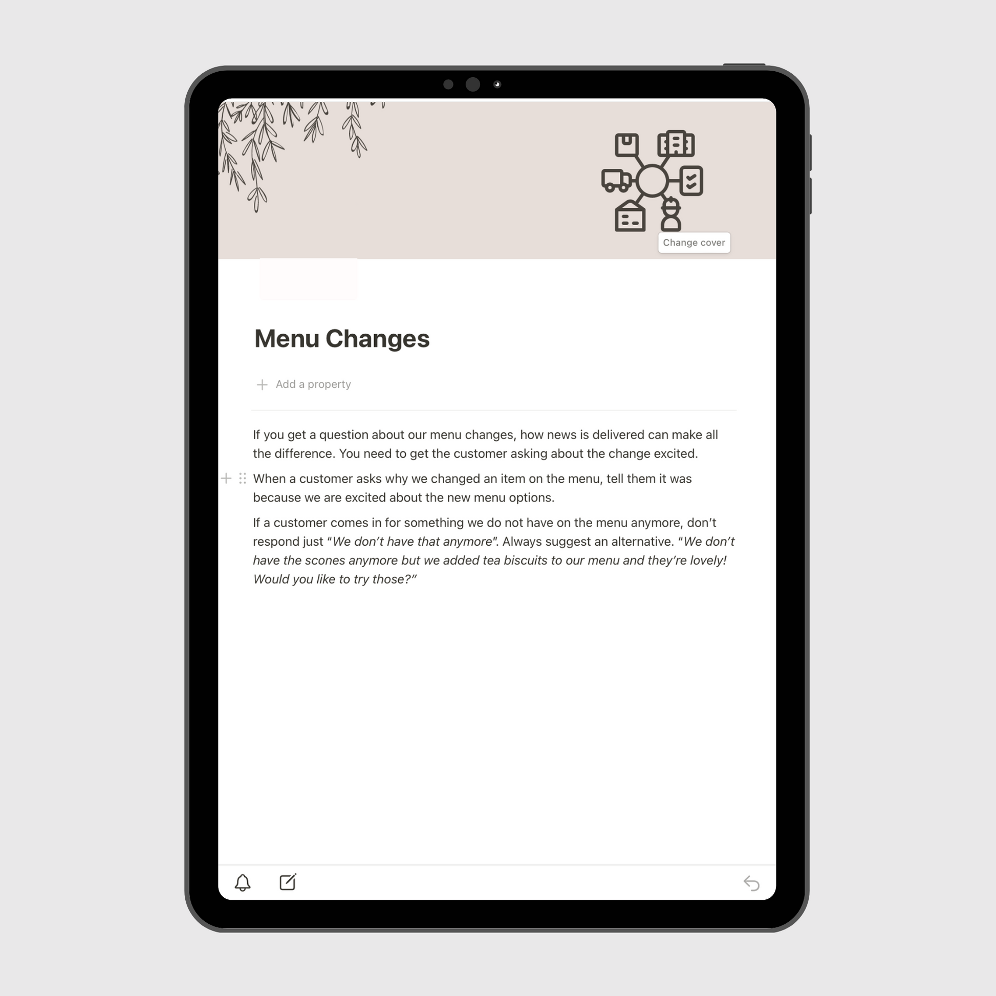 Tablet screen displaying the “Menu Changes” page of a Notion Operations Manual template, providing communication guidelines for staff on how to discuss menu updates and suggest alternatives to customers.
