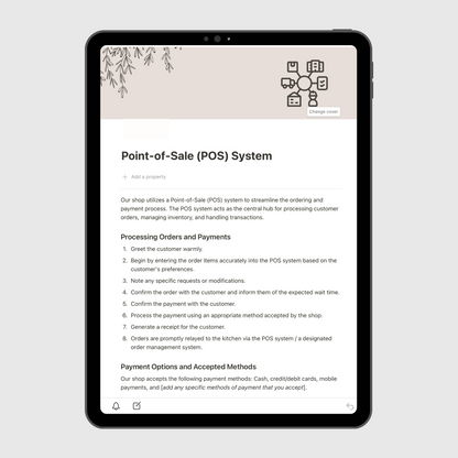 Tablet screen displaying the “Point-of-Sale (POS) System” section of a Notion Operations Manual template, outlining step-by-step procedures for processing orders, managing payments, and maintaining transaction accuracy.